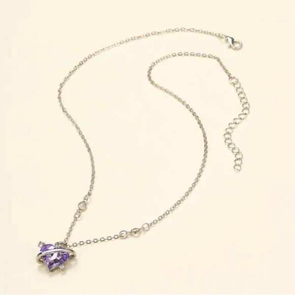 Silver Color Heart Necklace with a Purple Rhinestone - Picture 3 of 6